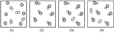 Assume that the mixture of substances in drawing (1) undergoes a chemical reaction.Which of the drawings (2) -(4) represents a product mixture that is consistent with the law of mass conservation?   A) drawing (2)  B) drawing (3)  C) drawing (4) 