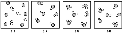 Assume that the mixture of substances in drawing (1) undergoes a chemical reaction.Which of the drawings (2) -(4) represents a product mixture that is consistent with the law of mass conservation?   A) drawing (2)  B) drawing (3)  C) drawing (4) 