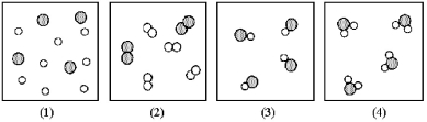 If shaded and unshaded spheres represent atoms of different elements,as shown in drawing (1) ,which drawings (2) -(4) represent the law of multiple proportions?   A) only drawings (2) and (3)  B) only drawings (2) and (4)  C) only drawings (3) and (4)  D) drawings (2) , (3) ,and (4) 