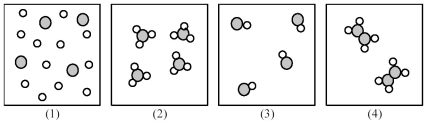 If shaded and unshaded spheres represent atoms of different elements,as shown in drawing (1) ,which combination of drawings (2) -(4) represent the law of multiple proportions?   A) only drawings (2) and (3)  B) only drawings (2) and (4)  C) only drawings (3) and (4)  D) drawings (2) , (3) ,and (4) 