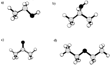   -Acetone has the formula C<sub>3</sub>H<sub>6</sub>O.Which ball and stick model shown above represents acetone? [gray spheres = C,black spheres = O,unshaded spheres = H] A) model a)  B) model b)  C) model c)  D) model d) 