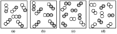 If unshaded spheres represent nitrogen atoms and shaded spheres represent oxygen atoms,which box represents reactants and which represents products for the reaction 2 N<sub>2</sub>O(g) → 2 N<sub>2</sub>(g) + O<sub>2</sub>(g) ?   A) box (a) reactants and box (c) products B) box (a) reactants and box (d) products C) box (b) reactants and box (c) products D) box (b) reactants and box (d) products