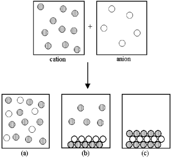 Assume that an aqueous solution of a cation,represented by shaded spheres,is allowed to mix with a solution of an anion,represented by unshaded spheres.Three possible outcomes are represented by boxes (a) -(c) .   -Which outcome corresponds to the mixing of potassium and sulfide ions shown in the following equation? 2 K<sup>+</sup>(aq) + S<sup>2-</sup>(aq) → ? A) box (a)  B) box (b)  C) box (c)  D) None of these