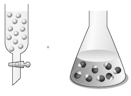 Assume that the unshaded spheres in the buret represent H<sup>+</sup> ions,the shaded spheres in the flask represent OH<sup>-</sup> ions,and you are carrying out a titration of the base with the acid.   -If the volumes in the buret and the flask are identical and the concentration of the acid in the buret is 0.500 M,what is the concentration of the base in the flask? A) 0.333 M B) 0.500 M C) 0.667 M D) 0.750 M