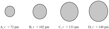 The four spheres below represent Na<sup>+</sup>,Mg<sup>2+</sup>,F⁻,and O<sup>2-</sup>,not necessarily in that order.   -Which sphere most likely represents the Na⁺ ion? A) A B) B C) C D) D