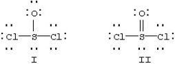Two resonance forms for SOCl<sub>2</sub> are given below.   Which is favored by the octet rule and which by formal charge considerations? A) I is favored by the octet rule and by formal charge considerations. B) I is favored by the octet rule and II by formal charge considerations. C) II is favored by the octet rule and I by formal charge considerations. D) II is favored by the octet rule and by formal charge considerations.