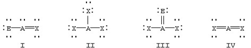 Which of the following would be expected to have sp<sup>2</sup> hybridization on atom A?   A) II B) I and III C) I,II,and III D) I and IV