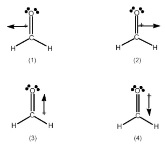Which best indicates the direction of the dipole moment in formaldehyde,H<sub>2</sub>C=O?   A) drawing (1)  B) drawing (2)  C) drawing (3)  D) drawing (4) 