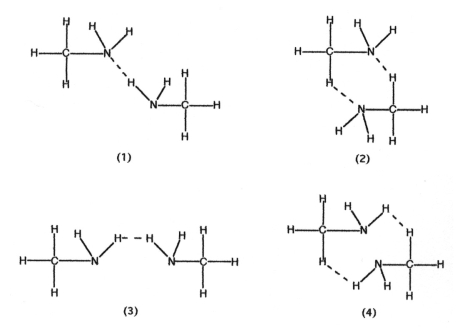 Which drawing best represents hydrogen bonding in methylamine,CH<sub>3</sub>NH<sub>2</sub>?   A) drawing (1)  B) drawing (2)  C) drawing (3)  D) drawing (4) 