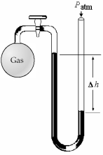   -What is the pressure (in mm Hg) of the gas inside the above apparatus if the outside pressure,P<sub>atm</sub>,is 740 mm Hg and the difference in mercury levels,Δh,is 30 mm Hg? A) 30 mm Hg B) 710 mm Hg C) 740 mm Hg D) 770 mm Hg