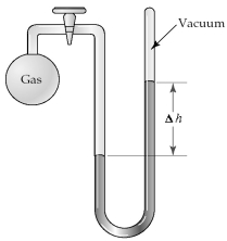 The apparatus shown is called a closed-end manometer because the arm not connected to the gas sample is closed to the atmosphere and is under vacuum.   -What is the pressure (in mm Hg) of the gas inside the above apparatus if the outside pressure,P<sub>atm</sub>,is 750 mm Hg and the difference in mercury levels,Δh,is 25 mm Hg? A) 25 mm Hg B) 725 mm Hg C) 750 mm Hg D) 775 mm Hg