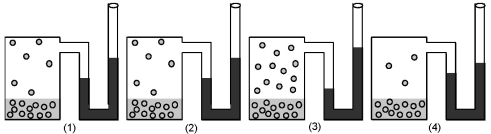   -If figure (1) represents the vapor pressure of water at 25°C,which figure represents the vapor pressure of ethanol,CH<sub>3</sub>CH<sub>2</sub>OH at 25°C? A) figure (2)  B) figure (3)  C) figure (4) 