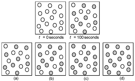 Consider the first-order reaction A → B in which A molecules (unshaded spheres) are converted to B molecules (shaded spheres) .Given the following pictures at t = 0 seconds and t = 100 seconds,which picture represents the number of A and B molecules remaining at 300 seconds?   A) picture a)  B) picture b)  C) picture c)  D) picture d) 