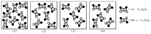 The following pictures represent mixtures of cis-C<sub>2</sub>H<sub>2</sub>X<sub>2</sub> molecules and trans-C<sub>2</sub>H<sub>2</sub>X<sub>2 </sub>molecules,which interconvert according to the equation cis-C<sub>2</sub>H<sub>2</sub>X<sub>2</sub> ⇌ trans-C<sub>2</sub>H<sub>2</sub>X<sub>2</sub>.If mixture (1) is at equilibrium,which of the other mixtures are also at equilibrium?   A) mixture (2)  B) mixture (3)  C) mixture (4)  D) None of the other mixtures are at equilibrium.
