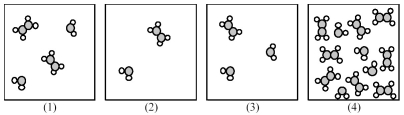 The following pictures represent mixtures of A<sub>2</sub>B<sub>4</sub> molecules and AB<sub>2</sub> molecules,which interconvert according to the equation A<sub>2</sub>B<sub>4</sub> ⇌ 2 AB<sub>2</sub>.If mixture (1) is at equilibrium,which of the other mixtures are also at equilibrium?   A) mixture (2)  B) mixture (3)  C) mixture (4)  D) None of the other mixtures are at equilibrium.