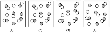 Picture (1) represents the equilibrium mixture for the gas-phase reaction A + B ⇌ 2 AB at 298 K.If the volume of the equilibrium mixture is decreased,which picture (2) -(4) represents the equilibrium at the reduced volume?   A) picture (2)  B) picture (3)  C) picture (4)  D) None of these