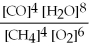 Write the equilibrium equation for the forward reaction: 4 CH<sub>4</sub> (g) + 6 O<sub>2</sub> (g) ⇌ 4 CO (g) + 8 H<sub>2</sub>O (g)  A) K<sub>c</sub> =   B) K<sub>c</sub> =   C) K<sub>c</sub> =   D) K<sub>c</sub> =  