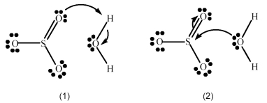 SO<sub>3</sub> reacts with H<sub>2</sub>O to form H<sub>2</sub>SO<sub>4</sub>.Which picture below correctly represents the curved arrow notation for the initial Lewis acid-Lewis base interaction in this reaction;what is the Lewis acid and the Lewis base?   A) Picture (1) is correct;H<sub>2</sub>O is the Lewis acid and SO<sub>3</sub> is the Lewis base. B) Picture (1) is correct;SO<sub>3</sub> is the Lewis acid and H<sub>2</sub>O is the Lewis base. C) Picture (2) is correct;H<sub>2</sub>O is the Lewis acid and SO<sub>3</sub> is the Lewis base. D) Picture (2) is correct;SO<sub>3</sub> is the Lewis acid and H<sub>2</sub>O is the Lewis base.