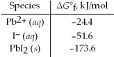 Calculate K<sub>sp</sub> for PbI<sub>2</sub> at 25°C based on the following data:   A) 4 × 10<sup>-31</sup> B) 8 × 10<sup>-18</sup> C) 9 × 10<sup>-9</sup> D) 5 × 10<sup>-5</sup>
