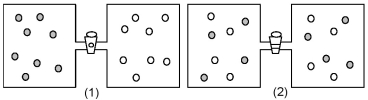 In figure (1) below argon atoms,represented by unshaded spheres,and neon atoms,represented by shaded spheres,are in separate compartments.Figure (2) shows the equilibrium state of the system after the stopcock separating the two compartments is opened.Assuming that argon and neon behave as ideal gases,what are the signs (+,-,or 0) of ΔH,ΔS,and ΔG for this process?   A) ΔH = +,ΔS = -,ΔG = + B) ΔH = 0,ΔS = +,ΔG = - C) ΔH = 0,ΔS = -,ΔG = + D) ΔH = -,ΔS = +,ΔG = -