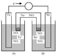Consider the following galvanic cell.   -Identify the anode and cathode,and indicate the direction of ion flow to and from each electrode. A) Fe is the anode and Sn is the cathode;Fe<sup>2+</sup> ions flow to the anode and Sn<sup>2+</sup> ions flow from the cathode. B) Fe is the anode and Sn is the cathode;Sn<sup>2+</sup> ions flow to the cathode and Fe<sup>2+</sup> ions flow from the anode. C) Sn is the anode and Al is the cathode;Fe<sup>2+</sup> ions flow to the cathode and Sn<sup>2+</sup> ions flow from the anode. D) Sn is the anode and Al is the cathode;Sn<sup>2+</sup> ions flow to the anode and Fe<sup>2+</sup> ions flow from the cathode.
