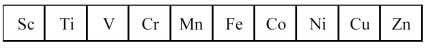 The first transition series metals are shown below.   -Which has the most positive standard oxidation potential? A) Sc B) V C) Cu D) Zn
