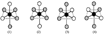 Consider the following isomers of [Co(NH<sub>3</sub>) <sub>4</sub>Br<sub>2</sub>]<sup>+</sup>.The black sphere represents Co,gray spheres represent NH<sub>3</sub>,and unshaded spheres represent Br.   -Which exist as enantiomers? A) All exist as enantiomers. B) isomers (1) and (3)  C) isomers (2) and (4)  D) None exist as enantiomers.