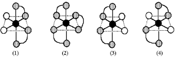Consider the following ethylenediamine complexes.The black sphere represents Co,gray connected spheres represent ethylenediamine,NH<sub>2</sub>CH<sub>2</sub>CH<sub>2</sub>NH<sub>2</sub>,and unshaded spheres represent Br.   -Which complexes are enantiomers of one another? A) complexes (1) and (3)  B) complexes (1) and (4)  C) complexes (3) and (4)  D) complexes (1) , (3) ,and (4) 