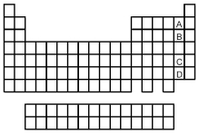   -Which of the elements indicated on the above periodic table is the group 7A element with the largest atomic radius? A) element A B) element B C) element C D) element D