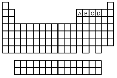    -Which element indicated on the above periodic table forms a binary hydride with molecular structure (1) shown above? A) element A B) element B C) element C D) element D