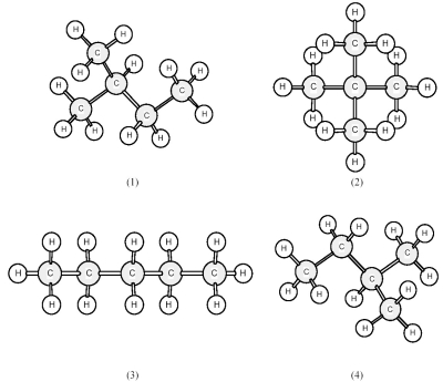  -In the figure above,which structures are identical? A) All are identical. B) None are identical. C) only (1) and (4)  D) only (1) , (3) ,and (4) 