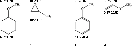 <strong>Which of the following are ethers? </strong> A) only 1 and 2 B) only 1 and 4 C) only 1, 2 and 3 D) all of these are ethers