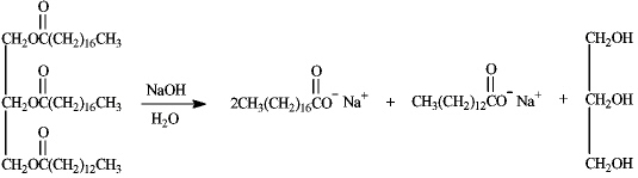 Write the saponification reaction of glyceryl distearate monooleate.  