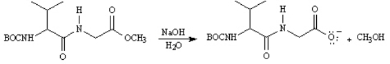 During peptide synthesis, the carboxylic acid group may be protected as the methyl ester. Aqueous base hydrolysis is utilized to remove the ester protecting group.   Write the complete stepwise mechanism for the hydrolysis of the methyl ester of BOC-Val-Gly-OCH<sub>3</sub>, above. Show all intermediate structures and all electron flow with arrows.