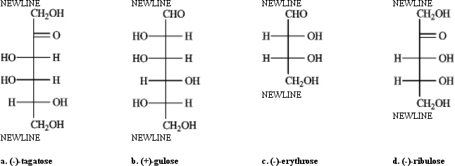 Instructions: Refer to the sugars below to answer the following question(s). Choose the sugar that best fits each description. There is only one correct answer for each question, but sugars may be used more than once. Indicate each answer by the corresponding letter.   Refer to instructions. _____ a dextrorotary hexose and ______ a levorototary tetrose.<div style=padding-top: 35px> 