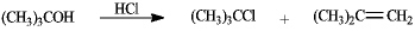 Treatment of tert-butyl alcohol with hydrogen chloride yields a mixture of tert-butyl chloride and 2-methylpropene.