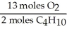 In the reaction shown,what is the mole ratio that would be used to determine the number of moles of oxygen needed to react with 3.2 moles of C<sub>4</sub>H<sub>10</sub>? 2 C<sub>4</sub>H<sub>10</sub>+ 13O<sub>2</sub>→ 8 CO<sub>2</sub>+ 10 H<sub>2</sub>O  A)    B)    C)    D)    E)   
