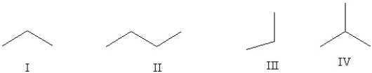 Which of the following line structures are of the same compound?   A) I and II B) I and III C) II and IV D) All of them are the same.