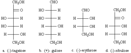 Exhibit 25-6 Refer to the sugars below to answer the following question(s) .Choose the sugar that best fits each description and place the letter of the sugar in the blank to the left of the description.There is only one correct answer for each question,but sugars may be used more than once.   -_____ a D-ketohexose A)  (-) -tagatose B)  (+)  - gulose C)  (-) -erythrose D)  (-) -ribulose 