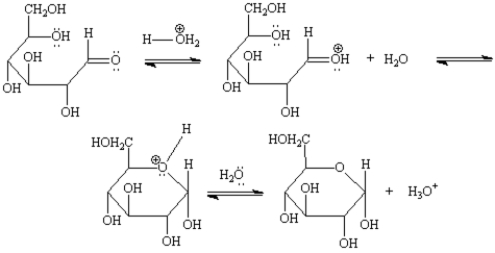 This cyclization is an example of an intramolecular nucleophilic addition of an alcohol with an aldehyde.This process is catalyzed by mild acid.On the structures provided below draw arrows indicating electron flow in this reaction mechanism.  