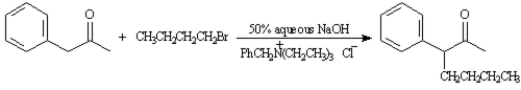 When a THF solution of phenyl-2-propanone and bromobutane is treated with 50% aqueous NaOH,poor yields of 3-phenyl-2-heptanone result.However,when a small amount of benzyltriethylammonium chloride is added to the reaction mixture,the yield of 3-phenyl-2-heptanone increases to 90%.Explain these results.  
