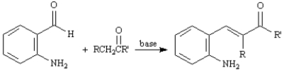 Exhibit 23-3 Consider the data below to answer the following question(s): The Friedlander Quinoline Synthesis,first reported in 1882,is the base-catalyzed condensation of 2-aminobenzaldehydes with ketones to form quinoline derivatives.   -Refer to Exhibit 23-3.The first step of the Friedlander Quinoline Synthesis is a mixed aldol condensation.Write the complete stepwise mechanism for this reaction. ​  