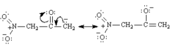 The methylene hydrogens are the most acidic because they are flanked by two electron-withdrawing groups,−NO<sub>2</sub> and C=O.The enolate generated by their removal is highly resonance stabilized;it has three resonance forms. In contrast,the enolate generated by the abstraction of a methyl proton is stabilized by only one electron-withdrawing group and has two resonance forms: