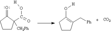 Exhibit 22-5 Consider the reaction sequence below to answer the following question(s):   -Refer to Exhibit 22-5.Conversion of B into C involves hydrolysis of the ester followed by decarboxylation.On the structures provided below,show the electron flow for the decarboxylation step.  