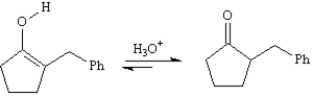 Exhibit 22-5 Consider the reaction sequence below to answer the following question(s):   -Refer to Exhibit 22-5.The initial product formed on decarboxylation is an enol,which rapidly equilibrates to its keto form under the acidic reaction conditions.Write the complete stepwise mechanism for the acid-catalyzed conversion of the enol into its keto form,Compound C.  