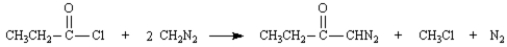 Exhibit 21-2 Consider the reaction below to answer the following question(s):   Acid halides react with diazomethane to yield diazoketones.Excess diazomethane is used to prevent the HCl produced in the reaction from reacting with the diazoketone. -Refer to Exhibit 21-2.Diazomethane is an example of a dipolar molecule;a molecule which is neutral overall but has charges on individual atoms.One resonance form of diazomethane is drawn below.Draw the Lewis structure of the other resonance form of diazomethane.Be sure to include all formal charges.  