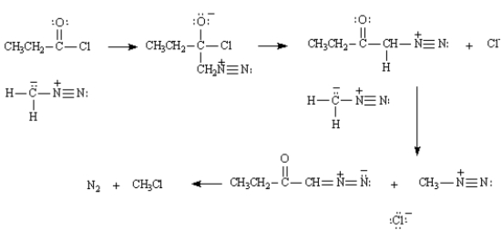 Exhibit 21-2 Consider the reaction below to answer the following question(s):   Acid halides react with diazomethane to yield diazoketones.Excess diazomethane is used to prevent the HCl produced in the reaction from reacting with the diazoketone. -Refer to Exhibit 21-2.The intermediate structures for the mechanism for the reaction of propanyl chloride with diazomethane are provide below.Show all electron flow with arrows on these structures.  