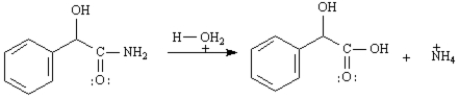 Write the complete stepwise mechanism for the acid-catalyzed hydrolysis of the following amide to yield mandelic acid.Show all electron flow with arrows and draw the structures of all intermediate species.  