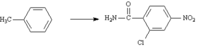 Aklomide,2-chloro-4-nitrobenzamide,is an ingredient in veterinary antibacterial preparations.Propose a synthesis of aklomide starting with toluene.Show all reagents and all intermediate structures.  