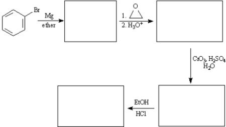 Ethyl phenylacetate is a pleasant smelling compound used in perfumery.Draw structures for each of the intermediates in the synthesis of ethyl phenylacetate below.  
